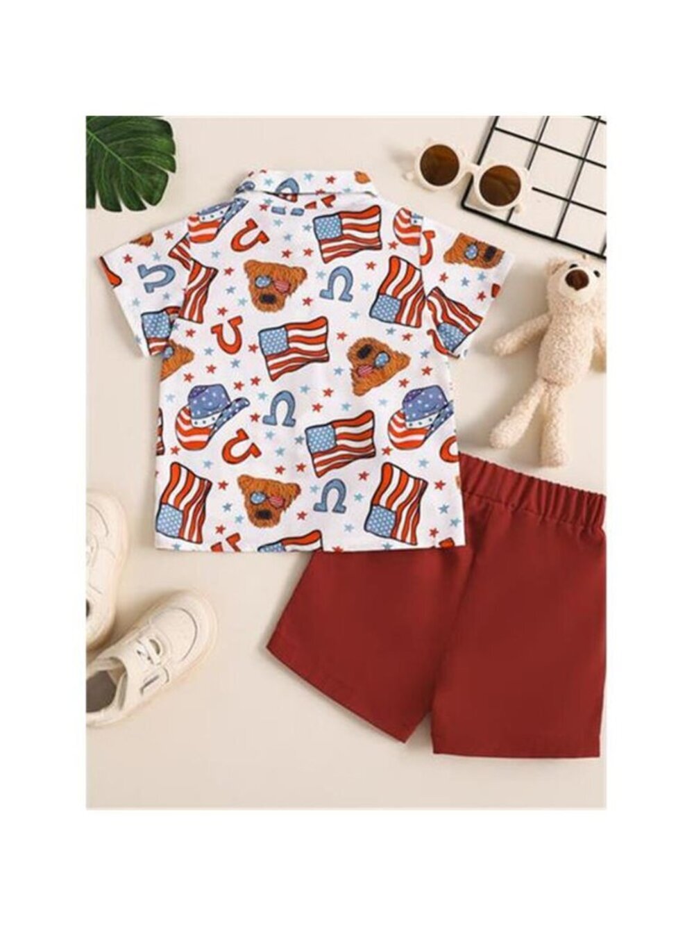 Children's American Flag Print Bow Tie Shirt & Shorts Set - Picture 12 of 12